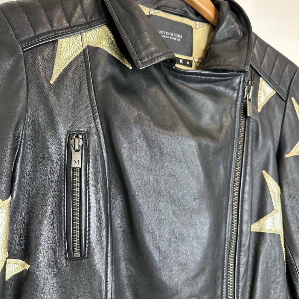 Scotch & Soda Black Leather Jacket with Gold Stars - Picture 3 of 10